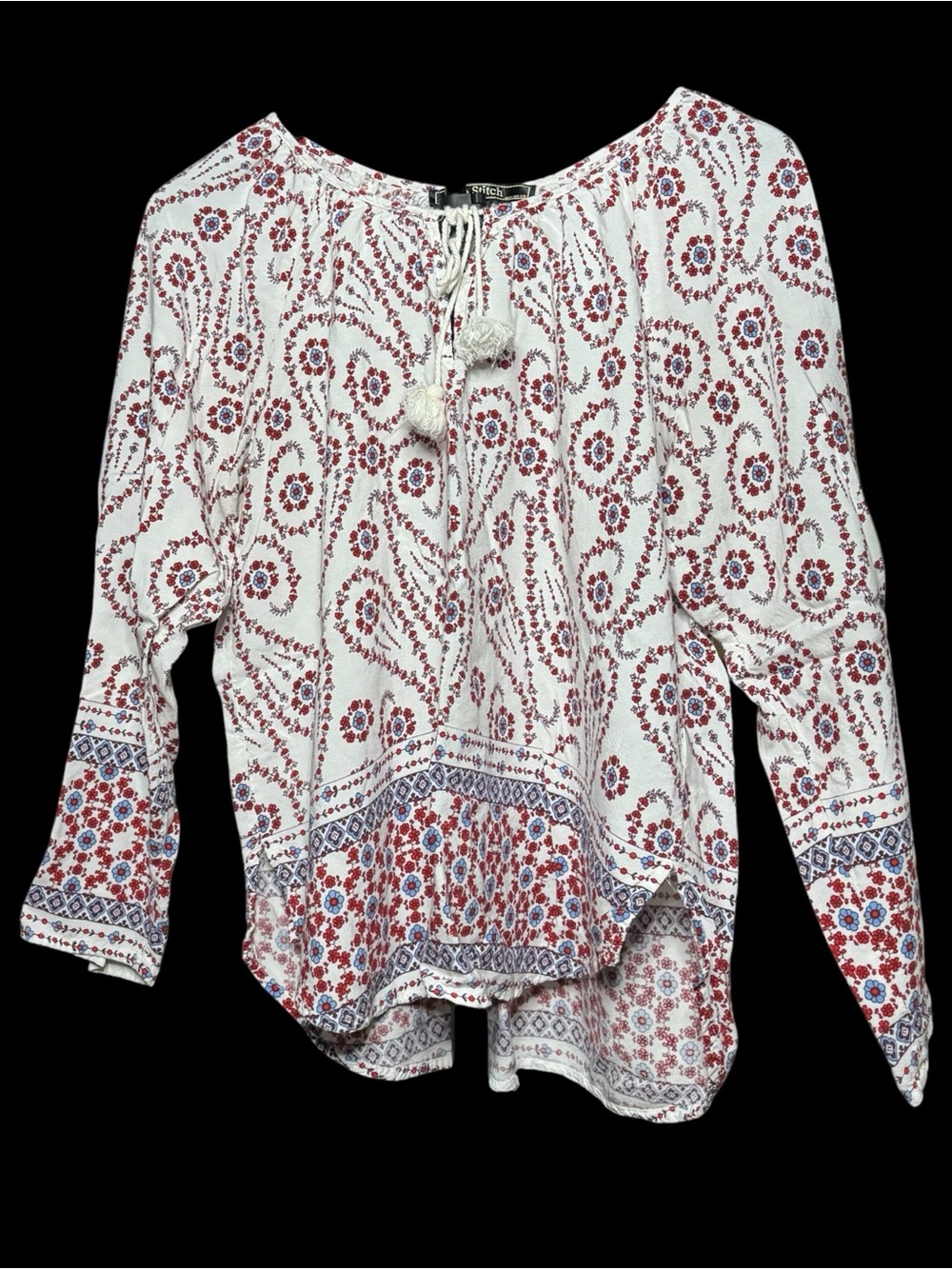 Love Stitch White Peasant Blouse with Red & Blue Floral Print